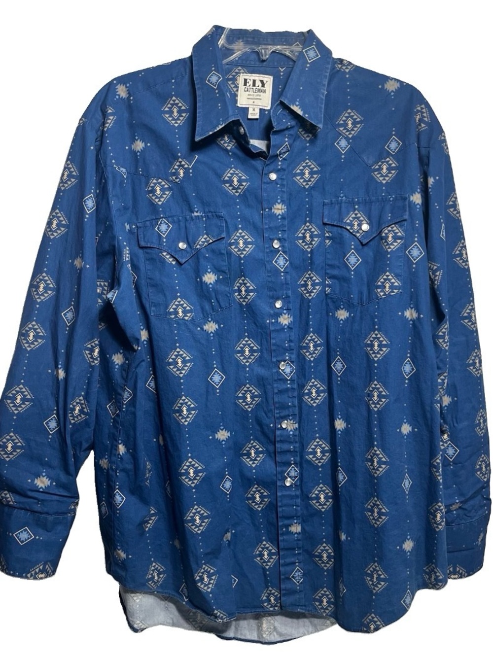 Ely Cattleman Western Pearl Snap Shirt Mens XL Blue Aztec Design Rodeo